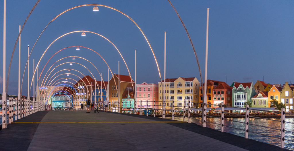 Queen Emma Bridge in Willemstad Curacao at Twilight